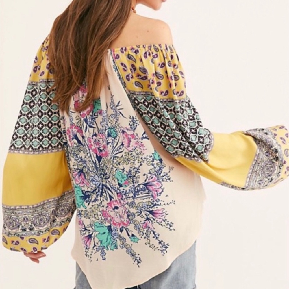 Free People l M Positano Silky Mix Print Floral Off-Shoulder Boho Peasant Blouse - Picture 4 of 8